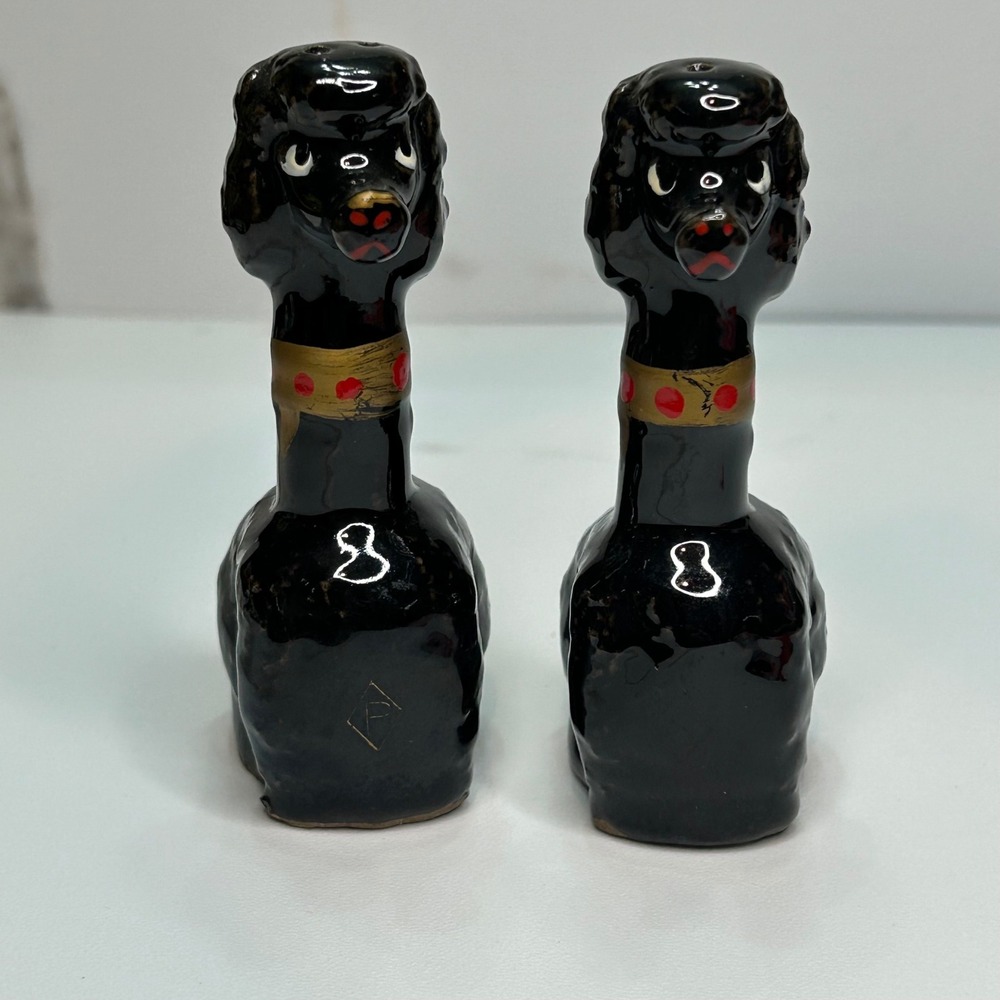 Vintage Black Poodle Salt and Pepper Shakers Ceramic Mid Century Dog Figurines
